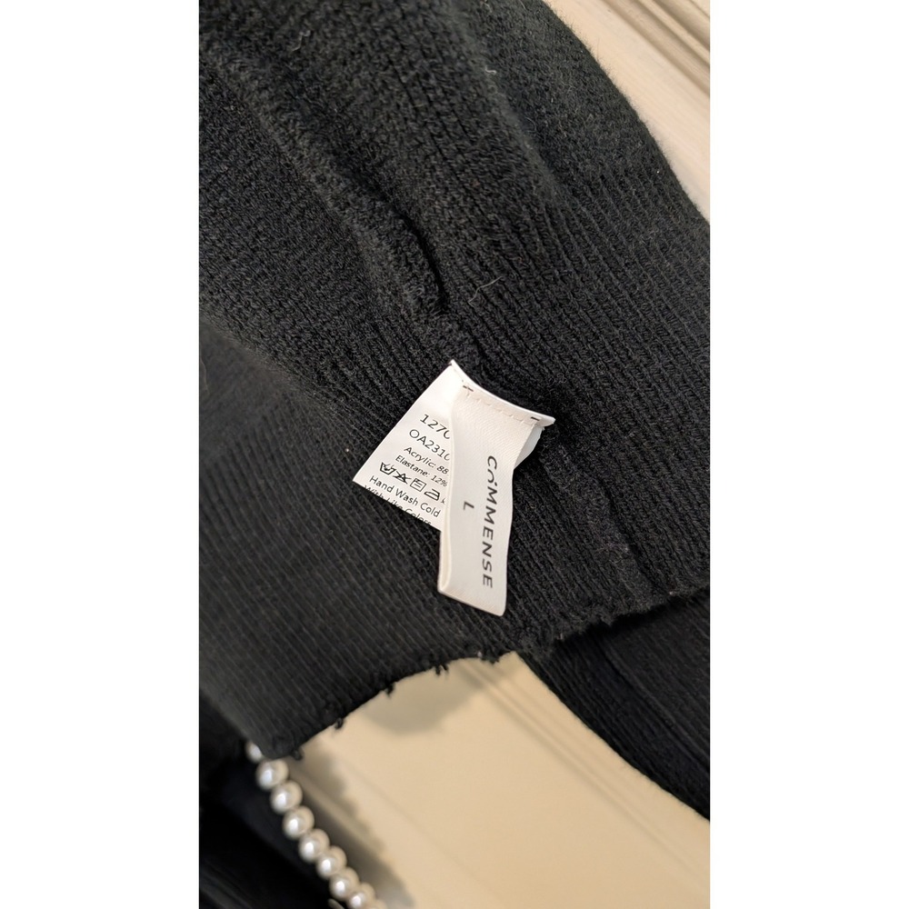 Commense Black Pearl Trim Distressed Ribbed Knit Cardigan Sweater Womens Large - Picture 5 of 5